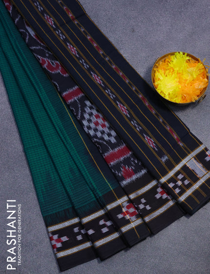 Sambalpuri ikat cotton saree teal green and black with allover thread woven checked pattern and vidarbha border without blouse