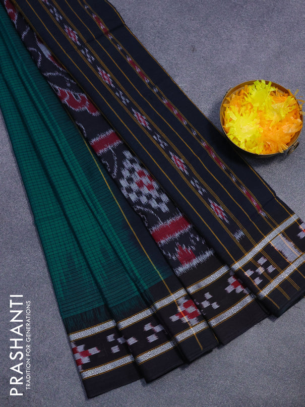 Sambalpuri ikat cotton saree teal green and black with allover thread woven checked pattern and vidarbha border without blouse