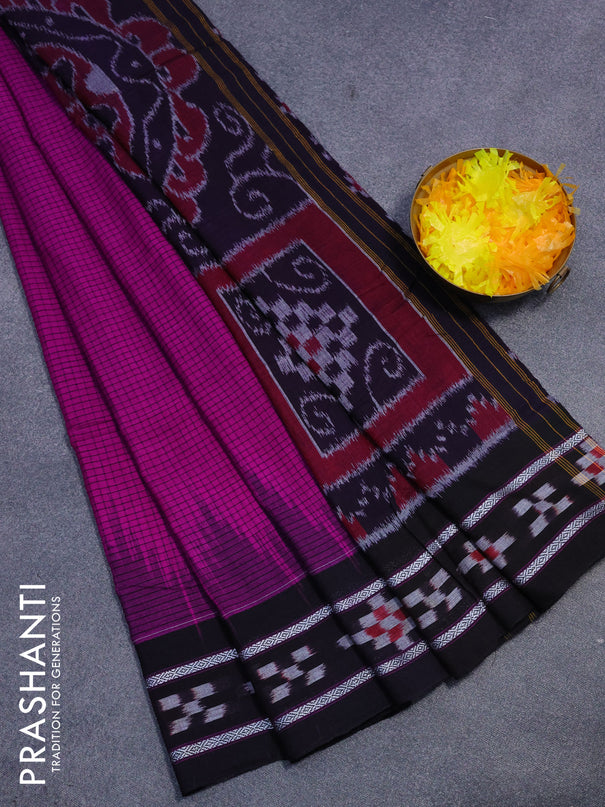 Sambalpuri ikat cotton saree purple and black with allover thread woven checked pattern and vidarbha border without blouse