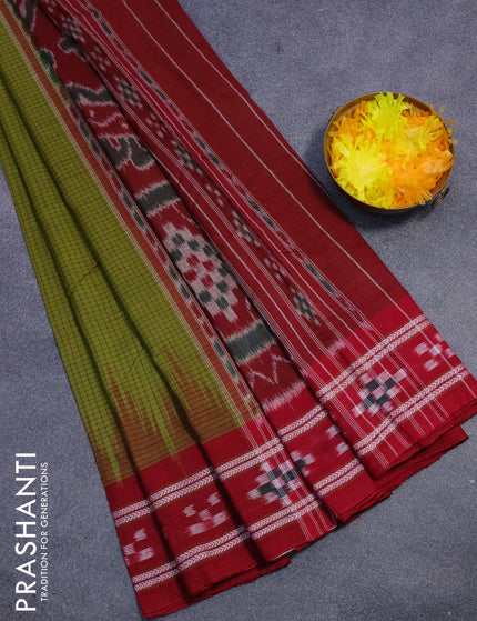 Sambalpuri ikat cotton saree mehendi green and maroon with allover thread woven checked pattern and vidarbha border without blouse