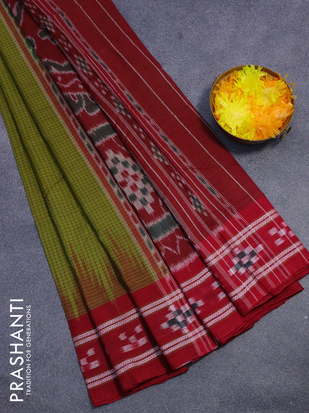 Sambalpuri ikat cotton saree mehendi green and maroon with allover thread woven checked pattern and vidarbha border without blouse