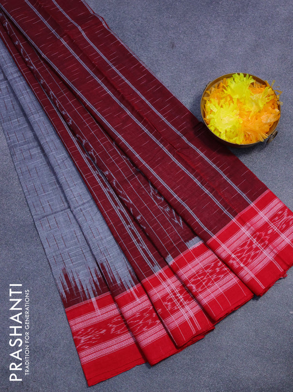 Sambalpuri ikat cotton saree grey and red with allover thread weaves and vidarbha border without blouse