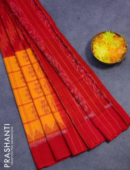 Sambalpuri ikat cotton saree mango yellow and red with allover ikat weaves and simple border without blouse