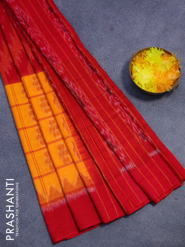 Sambalpuri ikat cotton saree mango yellow and red with allover ikat weaves and simple border without blouse