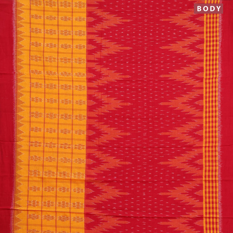 Sambalpuri ikat cotton saree mango yellow and red with allover ikat weaves and simple border without blouse