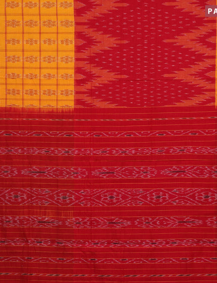 Sambalpuri ikat cotton saree mango yellow and red with allover ikat weaves and simple border without blouse