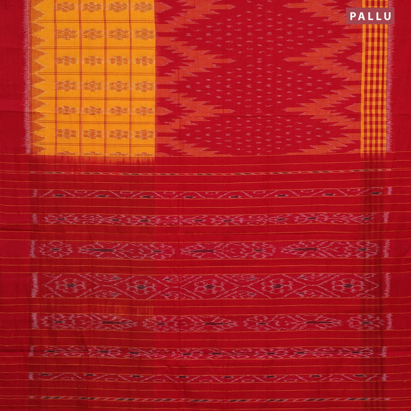 Sambalpuri ikat cotton saree mango yellow and red with allover ikat weaves and simple border without blouse