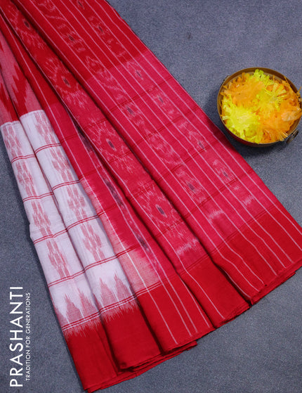 Sambalpuri ikat cotton saree off white and red with allover ikat weaves and simple border without blouse