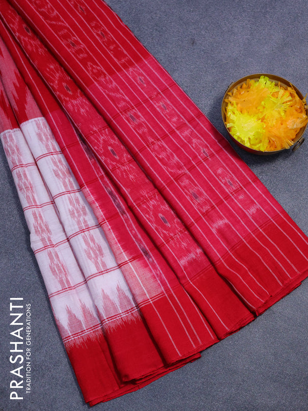 Sambalpuri ikat cotton saree off white and red with allover ikat weaves and simple border without blouse