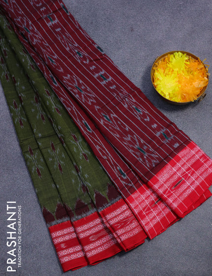 Sambalpuri ikat cotton saree sap green and red with allover ikat weaves and vidarbha border without blouse