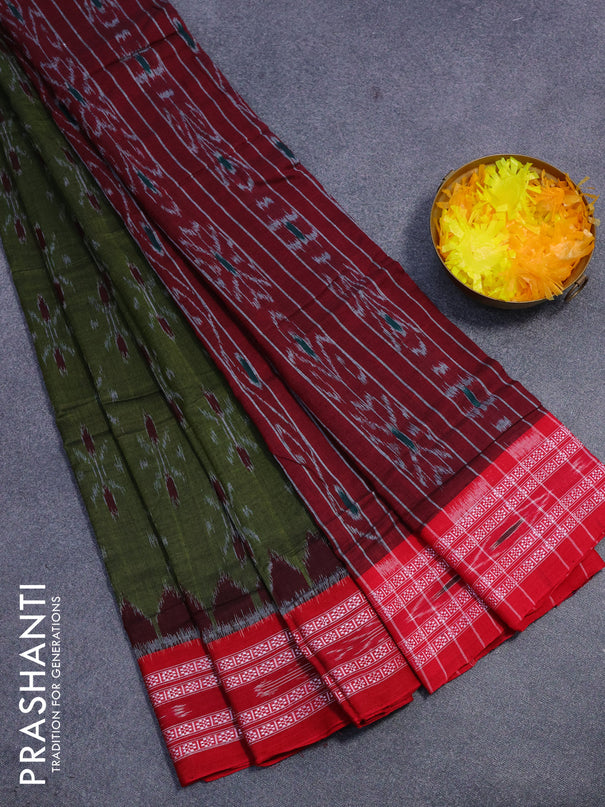 Sambalpuri ikat cotton saree sap green and red with allover ikat weaves and vidarbha border without blouse