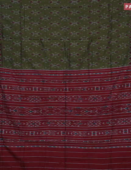 Sambalpuri ikat cotton saree sap green and red with allover ikat weaves and vidarbha border without blouse