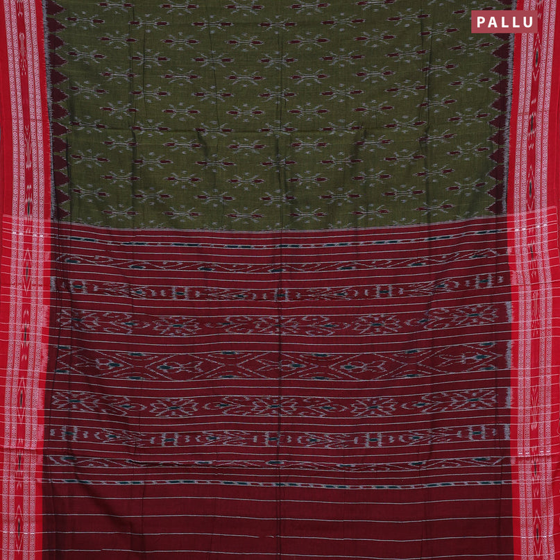 Sambalpuri ikat cotton saree sap green and red with allover ikat weaves and vidarbha border without blouse