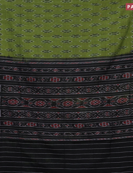 Sambalpuri ikat cotton saree green and black with allover ikat weaves and simple border without blouse