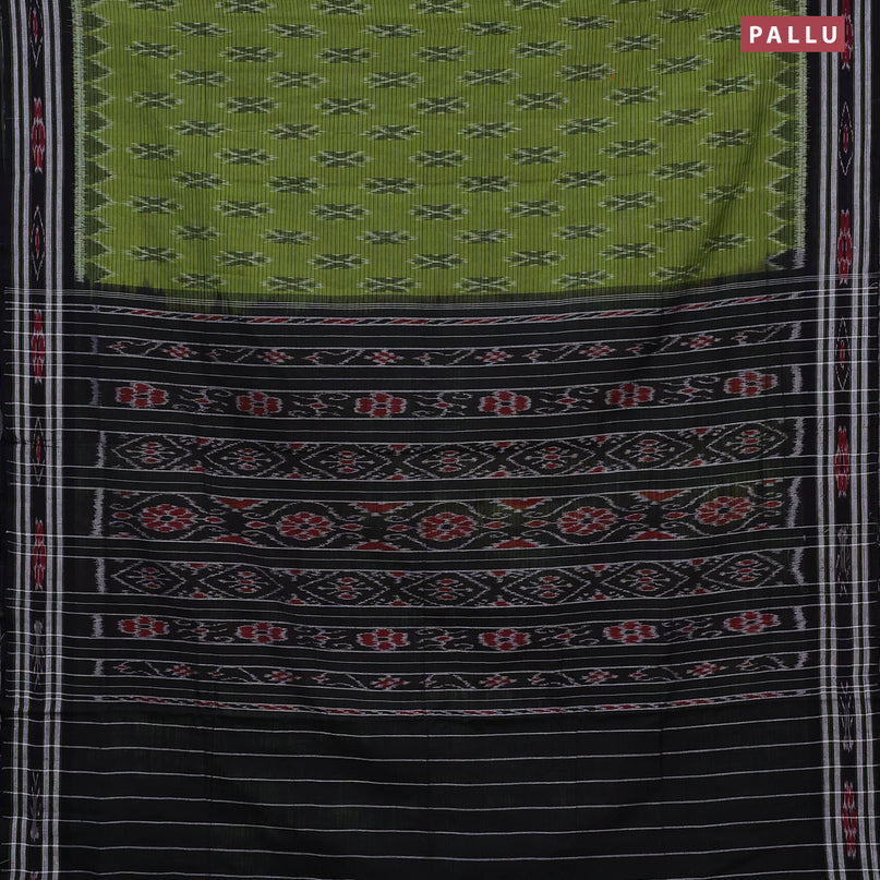 Sambalpuri ikat cotton saree green and black with allover ikat weaves and simple border without blouse