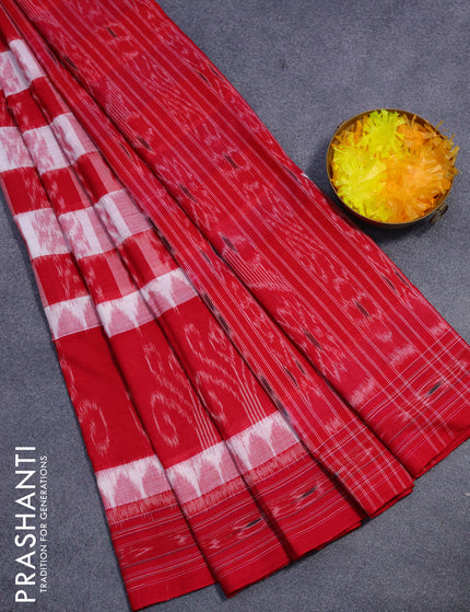 Sambalpuri ikat cotton saree red and off white with allover ikat weaves and vidarbha border without blouse