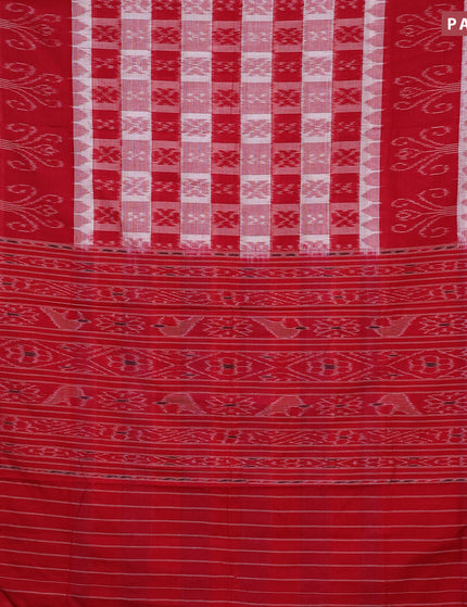 Sambalpuri ikat cotton saree red and off white with allover ikat weaves and vidarbha border without blouse