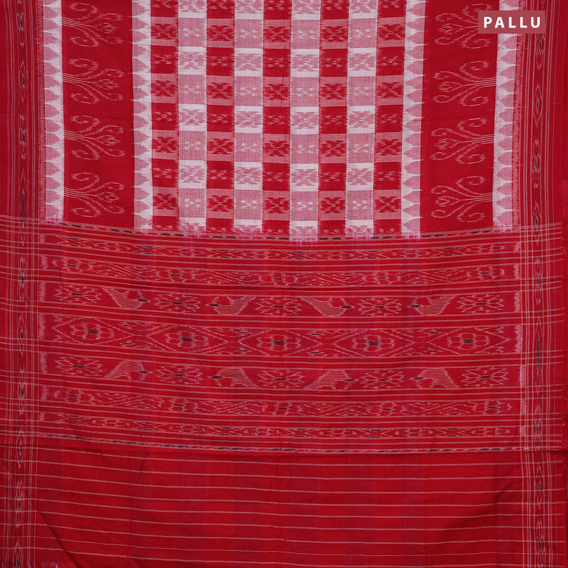 Sambalpuri ikat cotton saree red and off white with allover ikat weaves and vidarbha border without blouse