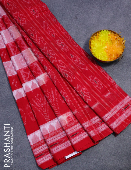 Sambalpuri ikat cotton saree red and off white with allover ikat weaves and vidarbha border without blouse