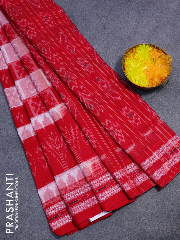 Sambalpuri ikat cotton saree red and off white with allover ikat weaves and vidarbha border without blouse