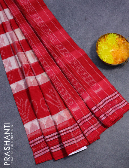 Sambalpuri ikat cotton saree red and off white with allover ikat weaves and vidarbha border without blouse