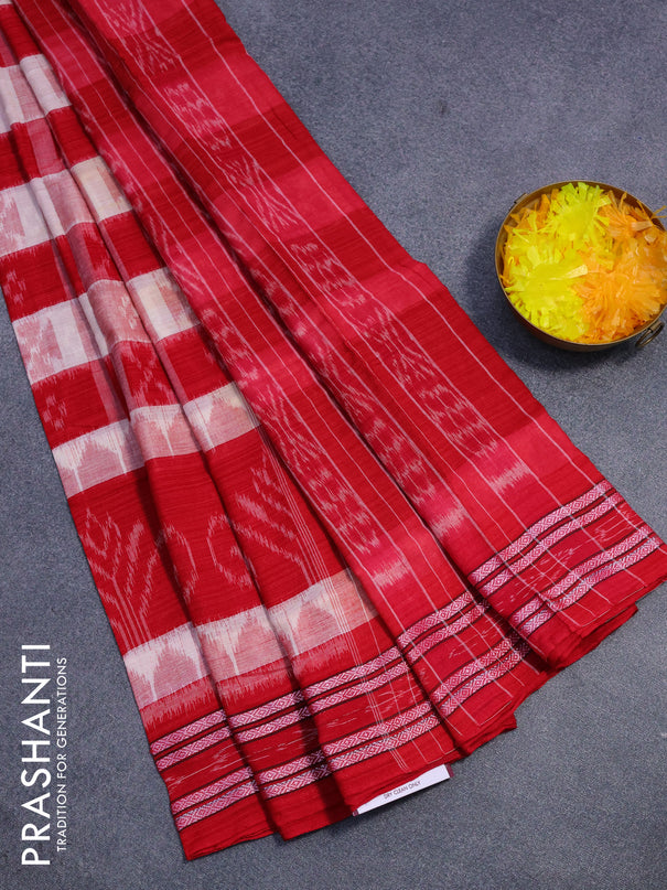 Sambalpuri ikat cotton saree red and off white with allover ikat weaves and vidarbha border without blouse