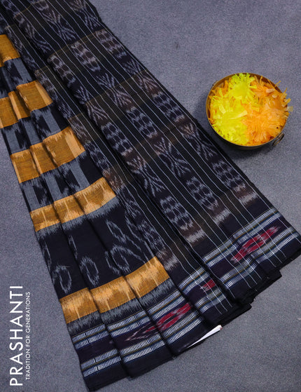 Sambalpuri ikat cotton saree dark navy blue and mustard shade with allover ikat weaves and vidarbha border without blouse