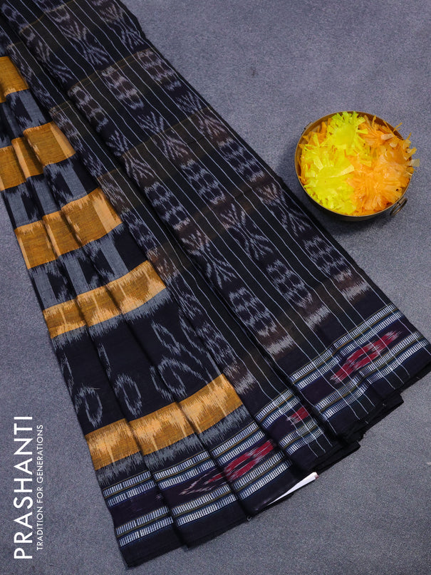 Sambalpuri ikat cotton saree dark navy blue and mustard shade with allover ikat weaves and vidarbha border without blouse