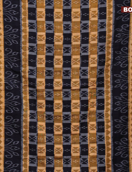 Sambalpuri ikat cotton saree dark navy blue and mustard shade with allover ikat weaves and vidarbha border without blouse