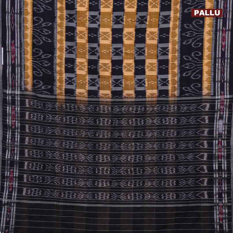 Sambalpuri ikat cotton saree dark navy blue and mustard shade with allover ikat weaves and vidarbha border without blouse