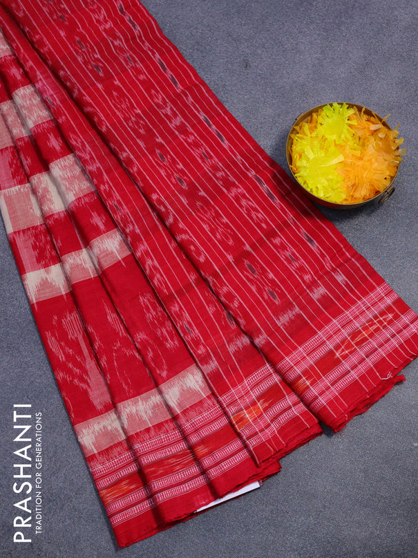 Sambalpuri ikat cotton saree red and mustard shade with allover ikat weaves and vidarbha border without blouse