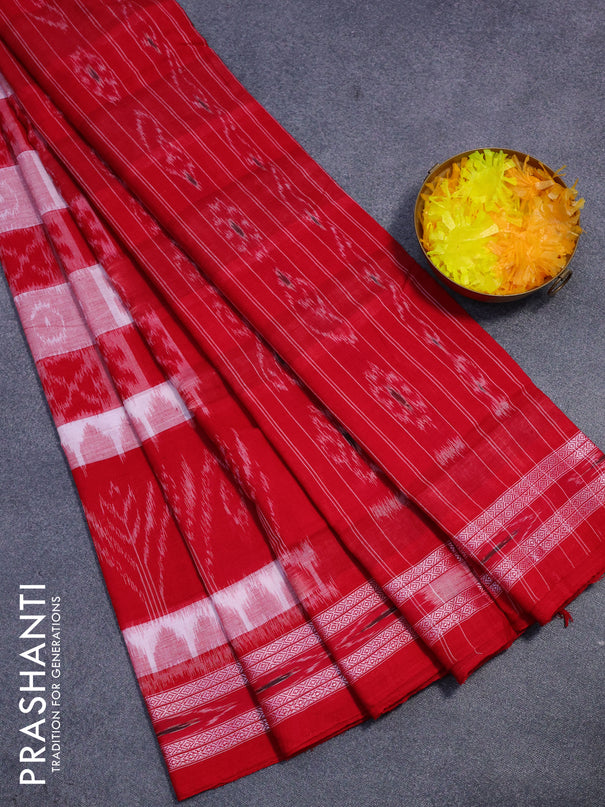 Sambalpuri ikat cotton saree red and off white with allover ikat weaves and vidarbha border without blouse