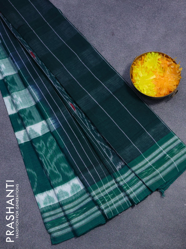 Sambalpuri ikat cotton saree teal green and off white with allover ikat weaves and vidarbha border without blouse