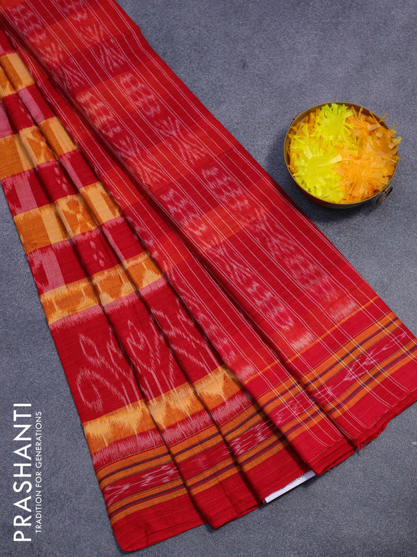Sambalpuri ikat cotton saree red and mustard shade with allover ikat weaves and simple border without blouse