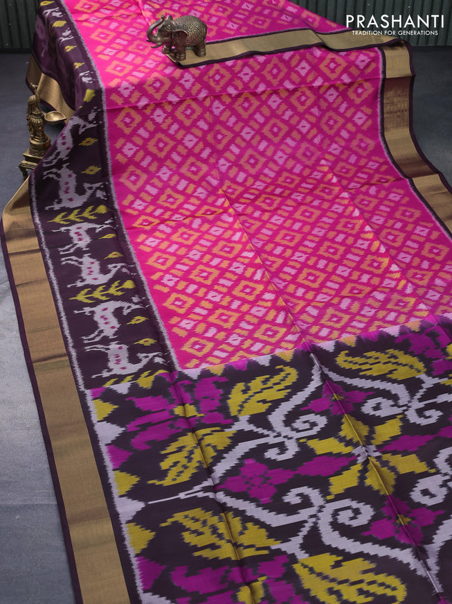 Ikat soft silk saree pink and deep coffee brown with allover ikat weaves and long ikat woven zari border