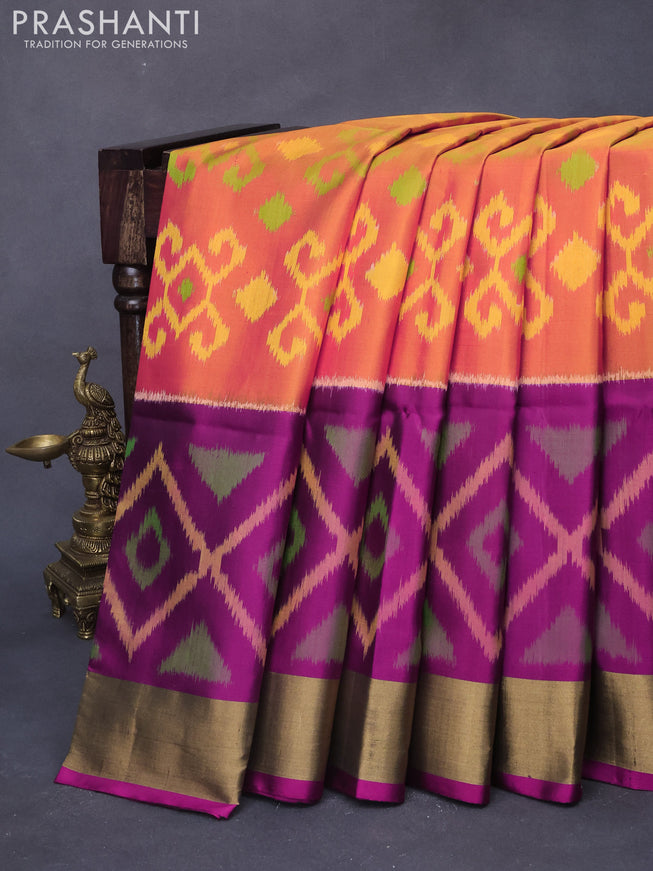 Ikat soft silk saree orange and magenta pink with allover ikat weaves and long ikat woven zari border
