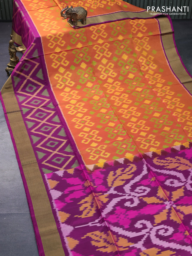 Ikat soft silk saree orange and magenta pink with allover ikat weaves and long ikat woven zari border