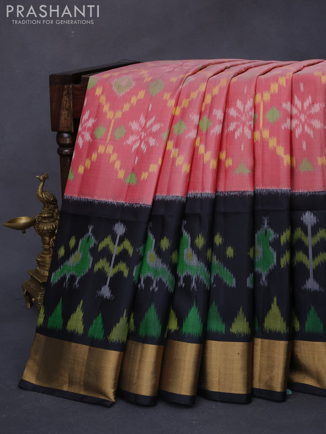 Ikat soft silk saree pink shade and black with allover ikat weaves and long ikat woven zari border