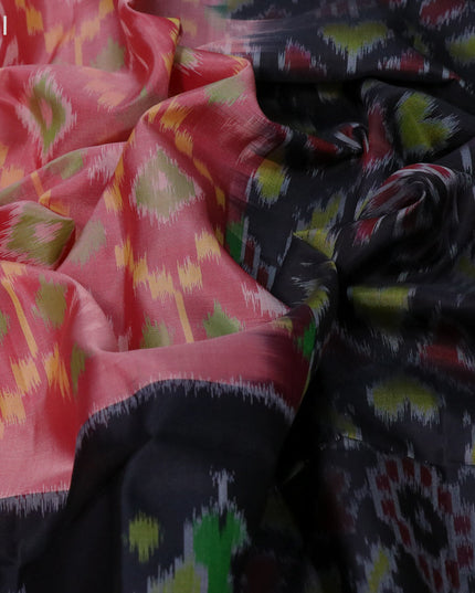 Ikat soft silk saree pink shade and black with allover ikat weaves and long ikat woven zari border