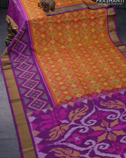 Ikat soft silk saree orange and purple with allover ikat weaves and long ikat woven zari border