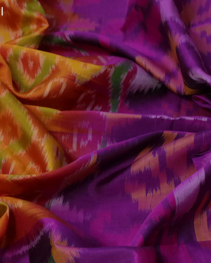 Ikat soft silk saree orange and purple with allover ikat weaves and long ikat woven zari border