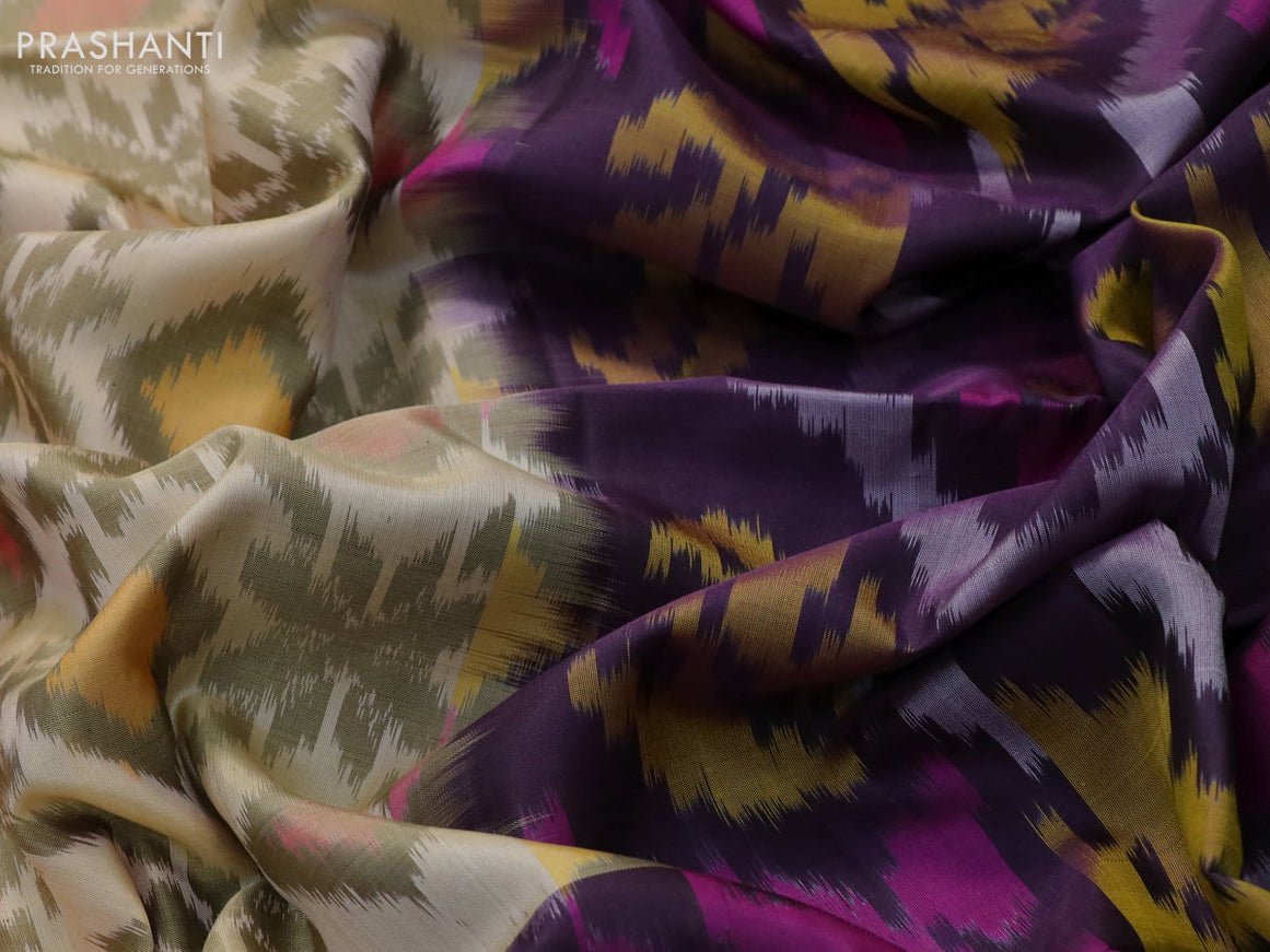 Ikat soft silk saree sandal and deep wine shade with allover ikat weaves and long ikat woven zari border