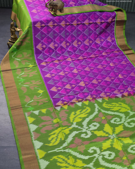 Ikat soft silk saree purple and light green with allover ikat weaves and long ikat woven zari border