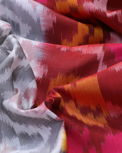 Ikat soft silk saree off white grey and maroon with allover ikat weaves and long ikat woven zari border
