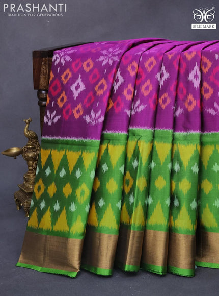 Ikat soft silk saree purple and light green with allover ikat weaves and long ikat woven zari border