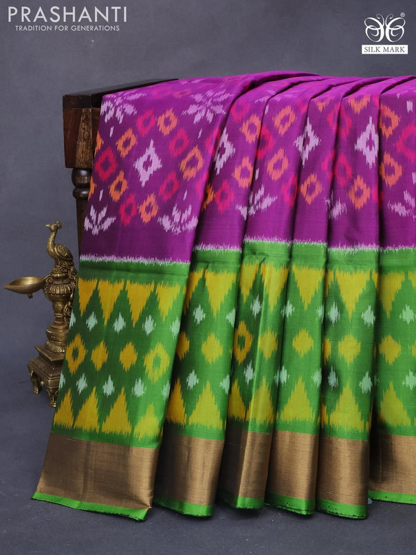 Ikat soft silk saree purple and light green with allover ikat weaves and long ikat woven zari border