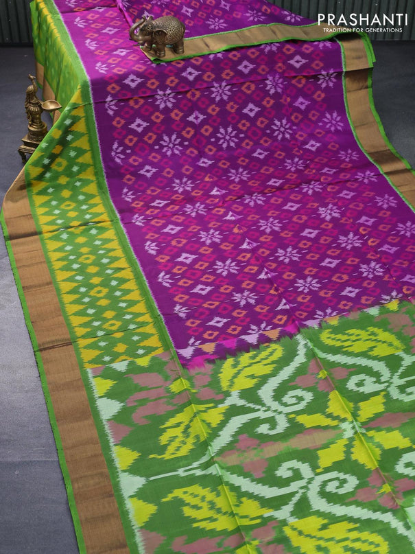 Ikat soft silk saree purple and light green with allover ikat weaves and long ikat woven zari border