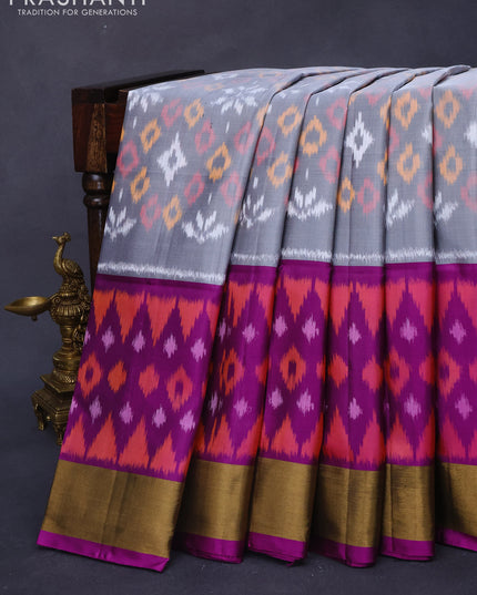 Ikat soft silk saree grey and purple with allover ikat weaves and long ikat woven zari border