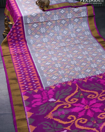Ikat soft silk saree grey and purple with allover ikat weaves and long ikat woven zari border