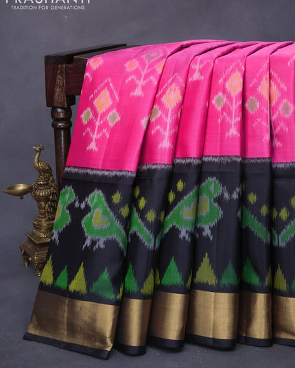 Ikat soft silk saree candy pink and black with allover ikat weaves and long ikat woven zari border